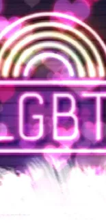 Neon LGBT pride wallpaper with rainbow colors on a dark background.