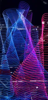 Vibrant blue and pink neon light waves in a dynamic abstract pattern.