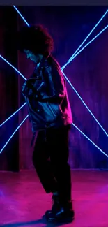 Dancer in neon lights with retro vibes and dynamic energy.