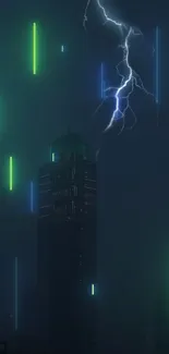 Neon-lit city skyline with lightning at night.