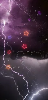 Neon lightning with colorful stars in a dramatic night sky wallpaper.