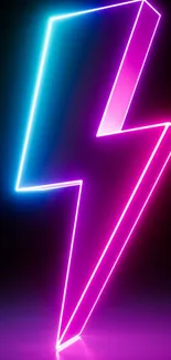 Neon lightning bolt in pink and blue on black background.