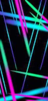 Neon lines intersecting on black wallpaper.