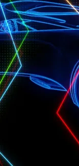 Futuristic car in neon lines on dark background wallpaper.