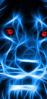 Abstract neon lion wallpaper with glowing blue lines and bright red eyes.