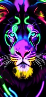 Colorful neon lion with vibrant hues on mobile wallpaper.