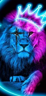 Neon lion wallpaper with crown and vibrant colors.