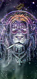 Neon lion with headphones and cosmic background.