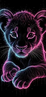 Neon lion cub glowing against black background.