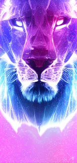 Neon lion digital art with vibrant blue and purple hues on mobile screen.