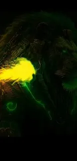 Neon lion fantasy art wallpaper with green and yellow highlights.