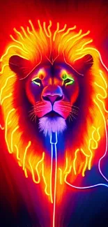 Neon lion with vibrant colors glowing intensely.