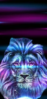 Neon lion head with vibrant purple and blue cosmic background.