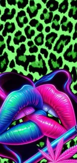Neon lips and green leopard print wallpaper with vibrant colors.
