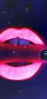 Neon pink lips with glowing fingertips under a blacklight.