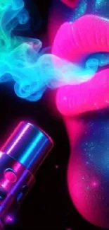 Neon lips exhaling colorful smoke in digital art.