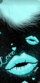 Neon lips with love text glowing in blue against a dark background wallpaper.