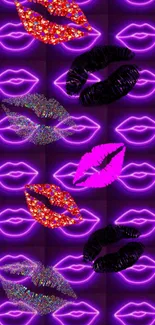 Neon lips wallpaper with vibrant purple, pink, and black lips on a dark background.