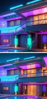 Neon-lit modern house with pool at night.