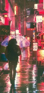 Neon lit alleyway with rain and reflections at night, showcasing urban life.