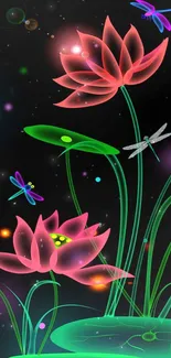 Vibrant neon lotus flowers with dragonflies on a black background.