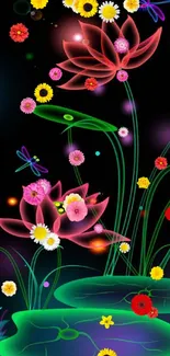 Neon lotus and dragonflies on a black background, perfect for mobile wallpaper.