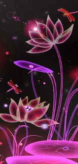 Neon pink lotus with dragonflies on a dark background.