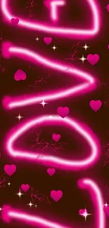 Neon pink love and hearts wallpaper with glowing effects.