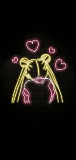 Neon anime character with glowing hearts on a dark background.