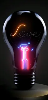 Neon light bulb with 'Love' glowing inside on a dark background.