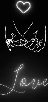 Neon line art of hands with a heart and 'Love' on black background.