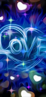 Neon design of love heart with glowing blue hearts.