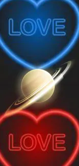 Neon love hearts with a planet and dark background on mobile wallpaper.