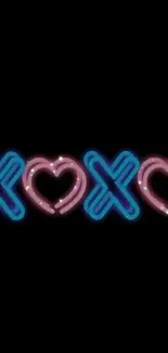 Neon XO and heart design on black wallpaper.