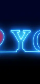 Neon heart and text wallpaper with a glowing blue theme.