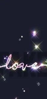 Enchanting dark wallpaper with neon love text and sparkling stars.