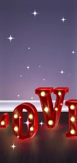 Mobile wallpaper with neon love letters glowing on a gradient background.