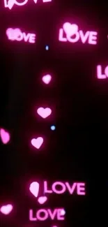 Neon wallpaper with glowing pink hearts and love texts.