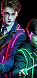 Neon-themed wallpaper with two wizards holding wands, glowing with magic.