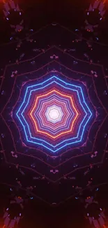 Vibrant neon mandala with geometric electric patterns on a dark background.