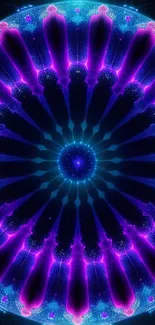 Vibrant neon mandala wallpaper with purple and blue geometric patterns.