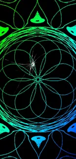 Neon mandala with green and blue hues on a black background.