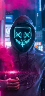 Neon mask figure with vibrant smoke on a city street.