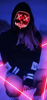 Neon mask art with dark purple background.