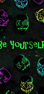 Vibrant neon mask wallpaper with 'Be Yourself' message