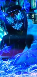 Neon masked figure with blue hues in a cyberpunk style.