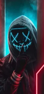 Hooded figure with neon mask in a cyberpunk style artwork.