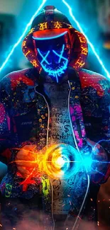 Cyberpunk art featuring masked figure with neon colors and designs.