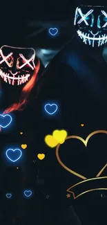 Dark theme neon mask wallpaper with glowing hearts.