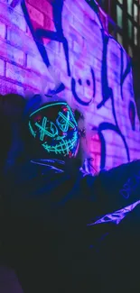 Neon mask with graffiti backdrop in urban glow